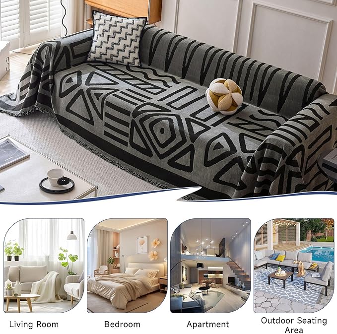 VClife Boho Couch Cover Thick Soft Chenille Sofa Covers for Sectional Couch, Bohemian Dark Gray Couch Covers for 3 Cushion Couch Sofa Washable Multi-Functional Furniture Protector, 71''x150''