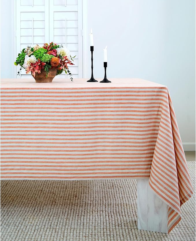 Solino Home Linen Tablecloth 60 x 90 Inch - Amalfi Stripe 100% Pure Linen Pumpkin and Natural Table Cloth for Rectangle Tables - Machine Washable Fabric Tablecloth for Fall, Thanksgiving