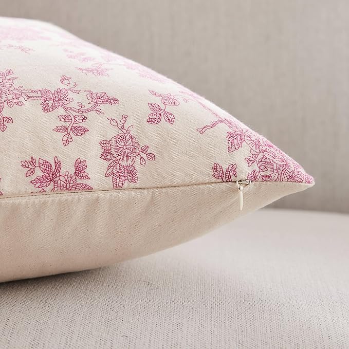 100% Cotton French Pastoral Lumbar Throw Pillow Covers Set of 2, 12x20 Inch Pink Farmhouse Decorative Cushion Covers for Sofa Bed Living Room Home Decor