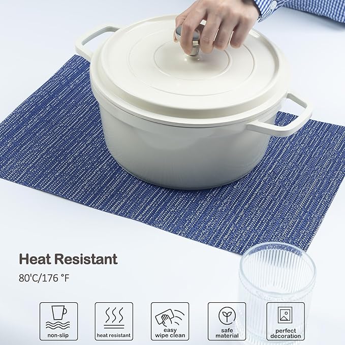 AHHFSMEI Placemats for Dining Table Set of 6 Woven Vinyl Plastic Place Mats Non-Slip Heat Insulation Stain Resistant Table Mats Washable Easy Clean Placemats (Multi Blue)