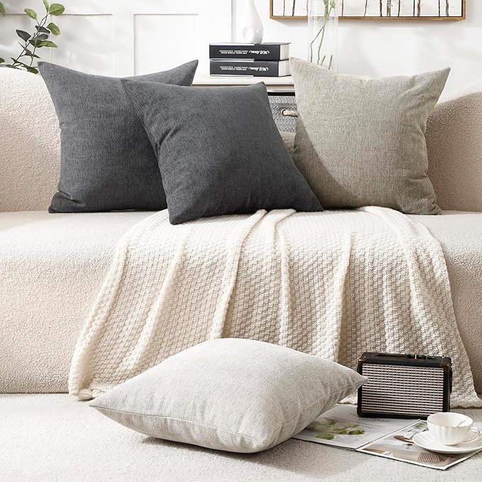 Jepeak 18x18 Inch Decorative Chenille Throw Pillow Covers, Pack of 2 Cozy Concise Pillow Cases Soft Farmhouse Modern Square Cushion Cover for Sofa Couch Bed Home Decor, Dimgrey