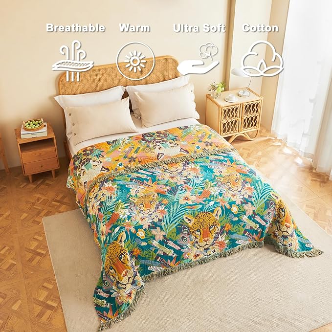 Throw Blanket for Couch Sofa Soft Cotton Blankets for Bedroom Living Room All Season Reversible Leopard Embroidery Throws Whimsical Home Decor 50"x60"