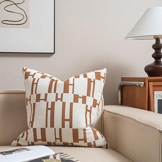 2025 New 18x18'' inches Throw Pillow Cushion Covers - Orange H Letter Chenille Jacquard Embroidery Luxury Modern Style Couch Sofa Bed Pillow Cover for Living Room Bedroom