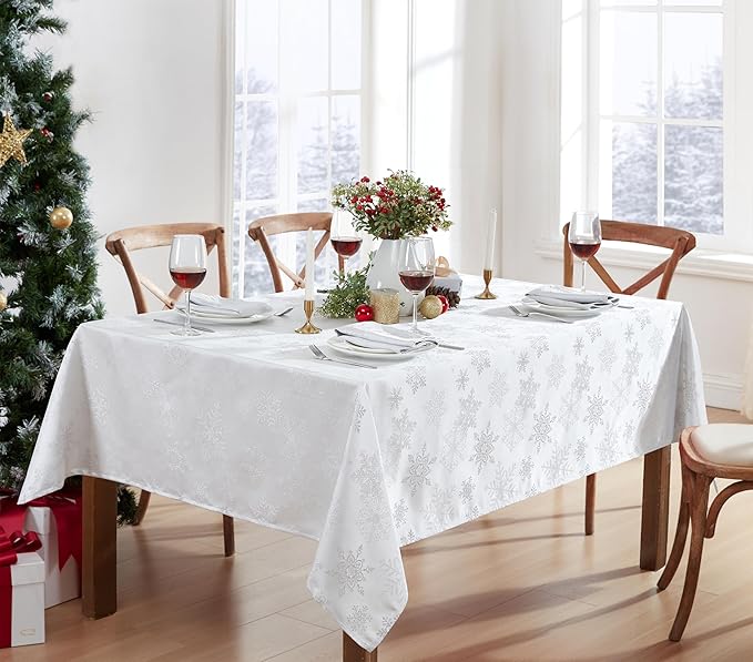 Newbridge Fancy Metallic Snowflake Christmas Fabric Tablecloth, 60 x 102 Inch Rectangle, White Silver, No-Iron Soil Resistant Sparkling Snowflakes Woven Holiday Table Cover