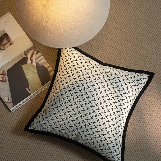 New 20x20'' inches Throw Pillow Cushion Covers - Woven Grid Black Chenille Jacquard Embroidery with Edge Strip Luxury Modern Style Couch Sofa Bed Pillow Cover for Living Room Bedroom