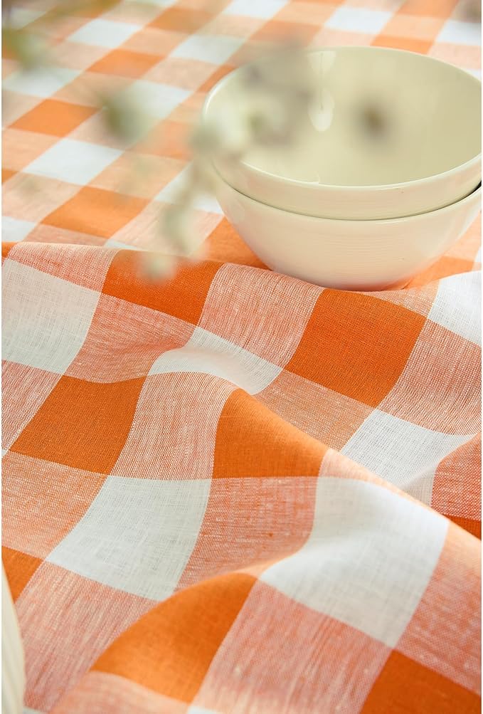 Solino Home Linen Checkered Tablecloth 60 x 108 Inch - 100% Pure Linen Pumpkin and White Buffalo Plaid Table Cloth for Rectangle Tables - Machine Washable Tablecloth for Fall, Thanksgiving