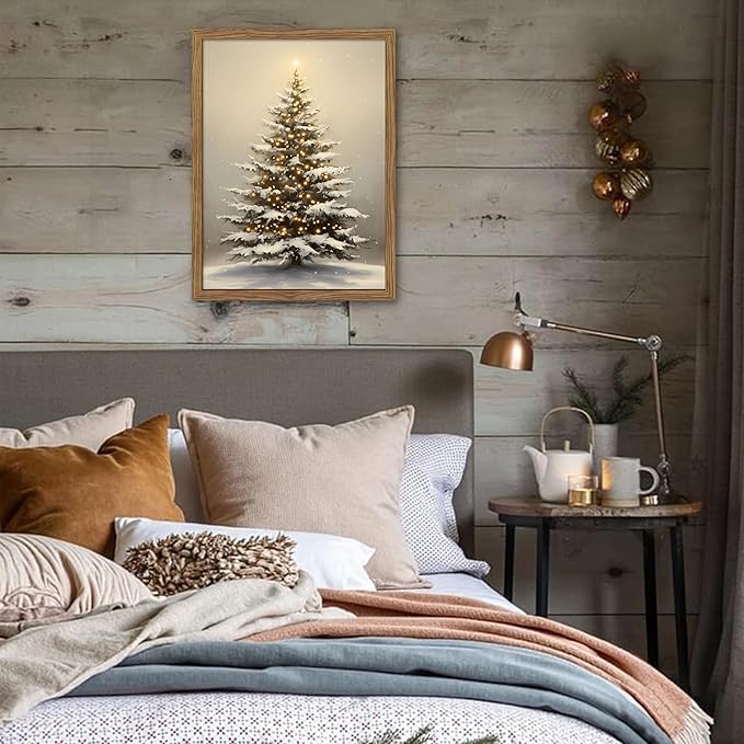 Vintage Christmas Pictures Wall Decor, Framed Christmas Tree Wall Art, Rustic Winter Holiday Pine Tree Print, Snowscape Botanical Canvas Artwork for Living Room Bedroom – 12x16in