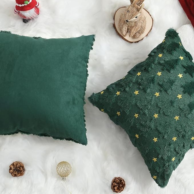 Christmas Throw Pillow Covers Christmas Decorations Set of 2 Xmas Tree 18x18 Pillow Covers Soft Plush Faux Wool Pillow Cases Holiday Winter Decor Sofa Couch Bed