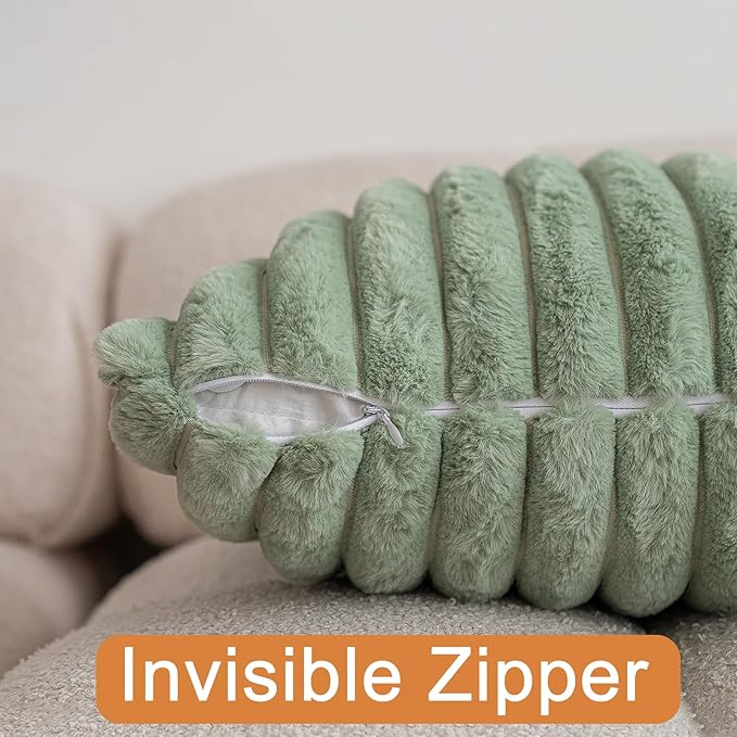 Double-Sided Faux Fur Plush Throw Pillow Covers 22x22 Set of 2 Fuzzy Striped Soft Cozy Pillowcase Luxury Decorative Pillows Square Fluffy Cushion Covers for Couch Sofa Bed,Sage Green