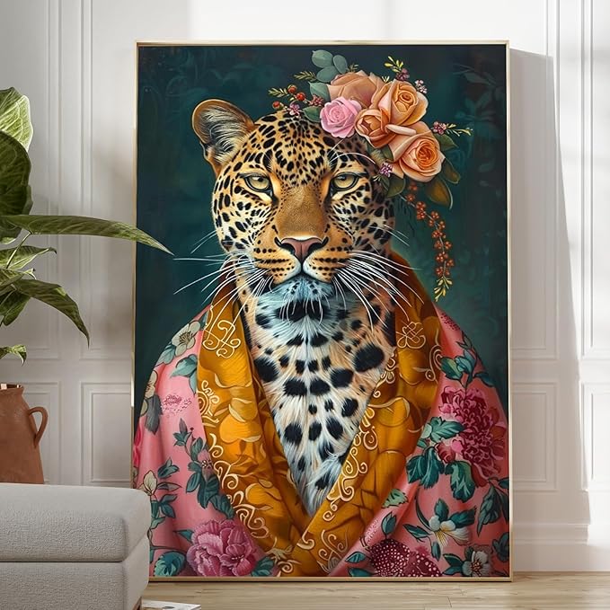 Eeuqiauot Vintage Leopard Canvas Wall Art Funny Animal Painting Elegance Leopard Poster Retro Animal Portrait Prints Wildlife Cheetah Picture Fashionista Trendy Wall Art for Room 16x24inch Unframed