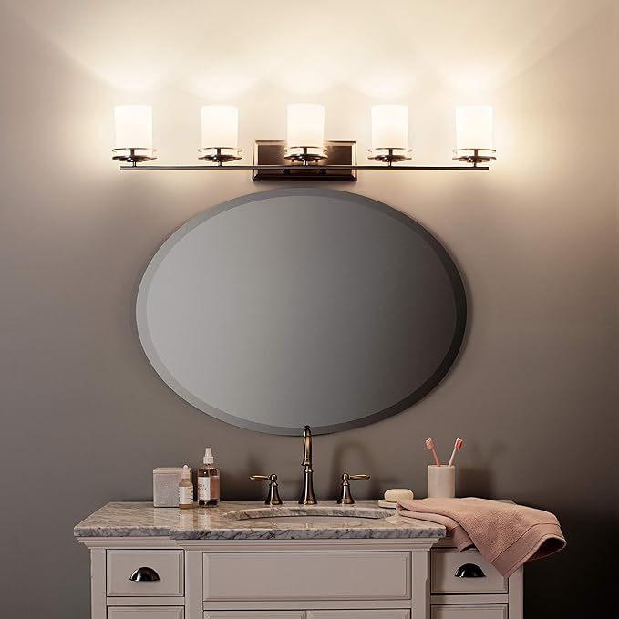 Kichler Hendrik 43" Vanity Light in Brushed Nickel, 5-Light Modern Bathroom Vanity with Satin Etched Cased Opal Glass, (43" W x 7.75" H), 5085NI