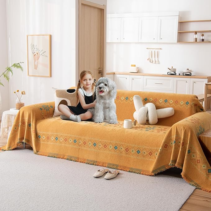 DREAMINGO Orange Boho Sofa Cover Chenille Couch Cover Blanket Vintage Bohemian Sofa Covers for 3 Cushion Couch Geometric Jacquard Sectional Couch Covers for Dogs Washable Futon Slipcover, 71"x150"