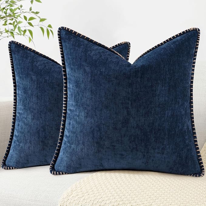 decorUhome Chenille Soft Throw Pillow Covers 22x22 Set of 2, Farmhouse Velvet Neutral Decorative Euro Pillow Covers with Stitched Edge for Couch Sofa Bed Home Decor, Poseidon