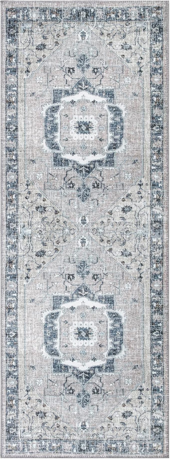 Bloom Rugs Washable Non-Slip 10 ft Runner - Pebble Gray/Blue Traditional Medallion Runner for Entryway, Hallway, Bathroom, and Kitchen - Exact Size: 2.5' x 10'