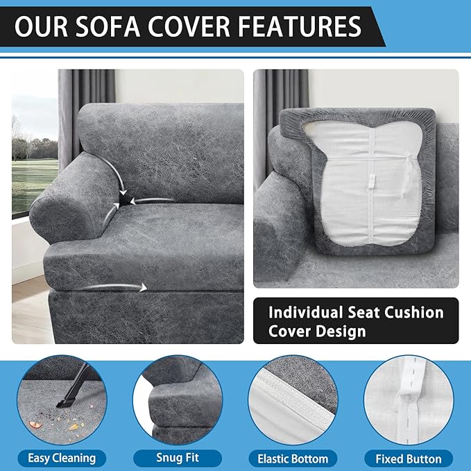 4-Piece T Cushion Sofa Slipcover - Leather Look Couch Cover for 3-Cushion Furniture - Stretch Protector With Individual Seat Covers - Washable, Light Grey