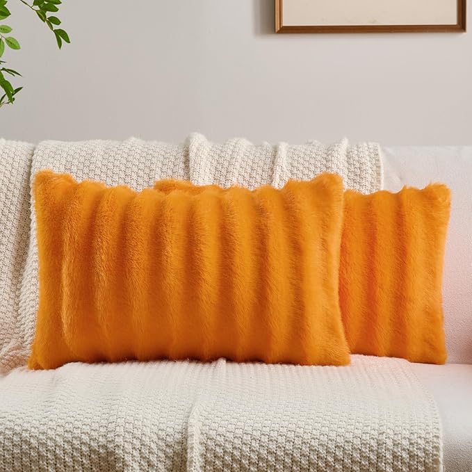 FUTEI Orange Decorative Throw Pillow Covers 12x20 Inch Set of 2,Soft Fluffy Faux Rabbit Fur Dyeing Striped Textured Lumbar Pillow Case,Modern Home Decor for Couch Bed Living Room