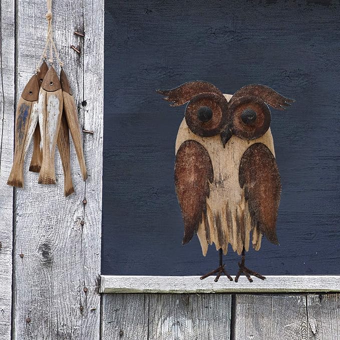K KILIPES Rustic Owl Decorations for Home Decorative Wood Owl Figurine Statues Night Owl Tabletop Ornaments Collectible Sculptures (8.5" H A)