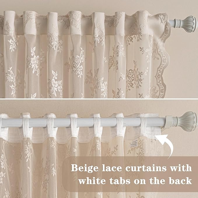 MEETSKY Beige Lace Sheer Curtains 84 Inches Long 2 Panels Set for Living Room Bedroom Vintage Victorian French Scalloped Light Filtering Drapes with Back Tab Rod Pocket, 50" W Each Panel, Oatmeal
