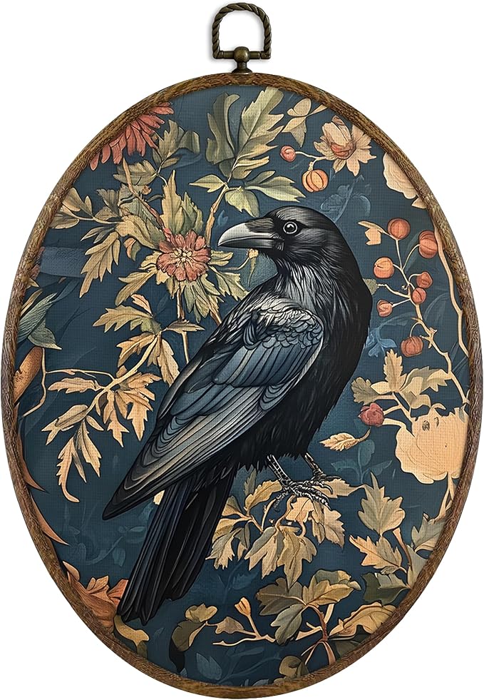 KFXHANGD Vintage Raven Crow Oval Wall Art Framed, Raven Botanical Cottagecore Crow Canvas Wall Art Decor,Gothic Mid Century Dark Raven Hanging Decorations for Bathroom Living Room, 8.7x11.3in