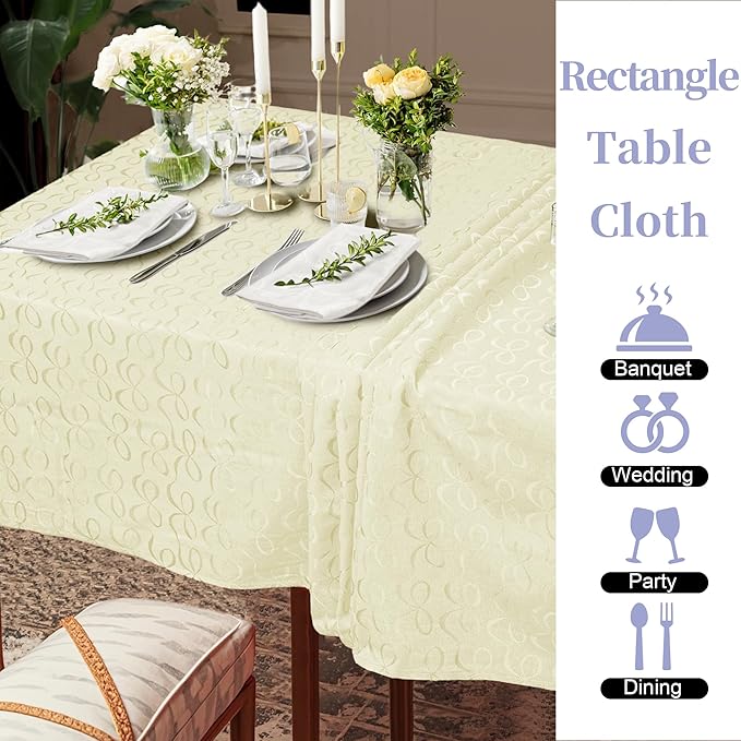 Ivory Tablecloth (1PC, 60"x84"), Washable Tablecloth for 6ft Rectangle Tables (6-8 Seats) - Cotton Polyester, Wrinkle/Fade Resistant, Reusable Table Cover for Dining & Wedding, Beige Bows Jacquard