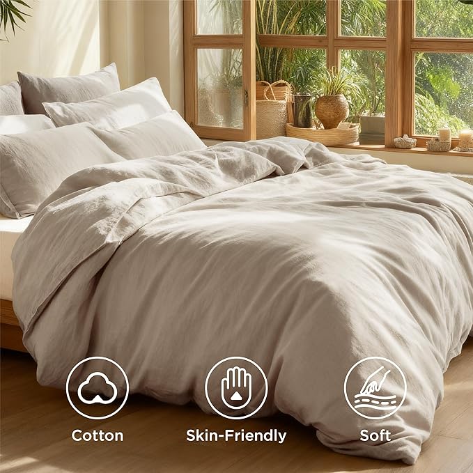 Bedsure 100% Washed Cotton Duvet Cover Oversized King - Oatmeal Minimalist Cotton Duvet Cover Linen Like for All Seasons - GentleSoft™ Plain Simple Bedding, Oatmeal, Oversized King, 120"x98"