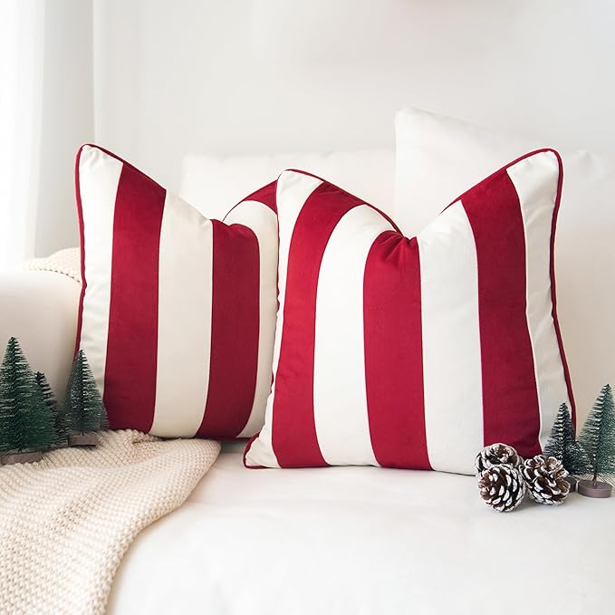 MONDAY MOOSE Christmas Decorative Throw Pillow Covers Cushion Cases, Set of 2 Soft Velvet Striped Piping Edge Designs, Pillow Inserts Not Included (Red/White, 18x18 inch)
