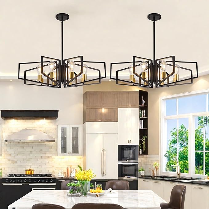 Black and Gold Chandelier, 8-Light Farmhouse Dining Room Light Fixture, Geometric Pendant Lights Kitchen Island, Modern Industrial Chandelier for Living Room, Bedroom, Foyer, Stairway, Entryway