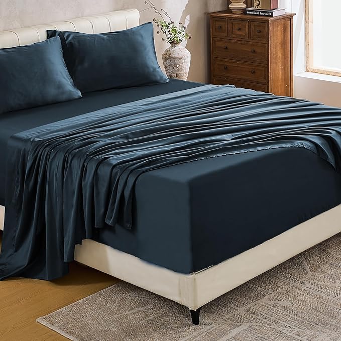 MEISHANG Extra Deep Pocket Cotton Sheets Queen Size - 100% Egyptian Cotton 1000 Thread Count - Fits 18"-24" in Deep Mattress,Oeko-Tex Certified, Soft & Breathable - 4 Piece (Queen, Navy)