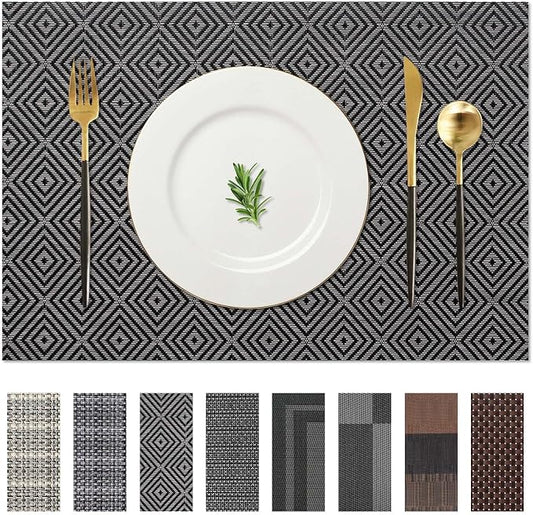 AHHFSMEI Placemats for Dining Table Set of 6 Woven Vinyl Plastic Place Mats Non-Slip Heat Insulation Stain Resistant Table Mats Washable Easy Clean Placemats (Black Grey Checker)