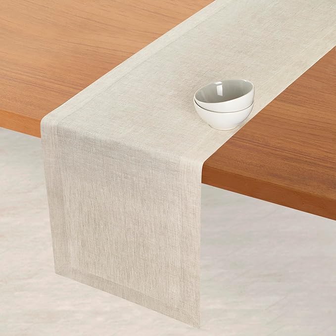 D'Moksha Homes Linen Table Runner 48 Inches - 100% Pure Linen Light Natural Table Runner 14 x 48 Inch for Coffee Tables, Dresser, Fall, Thanksgiving, Christmas, Holiday - Machine Washable