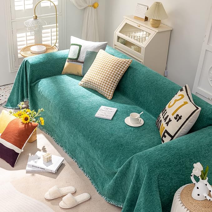 VClife Modern Teal Green Couch Cover XXL Sofa Covers for Sectional Sofa Large Sofa Slipcover, Soft Chenille Couch Covers for 2 Cushion Couch Washable Living Room Furniture Protector, 71''x150''