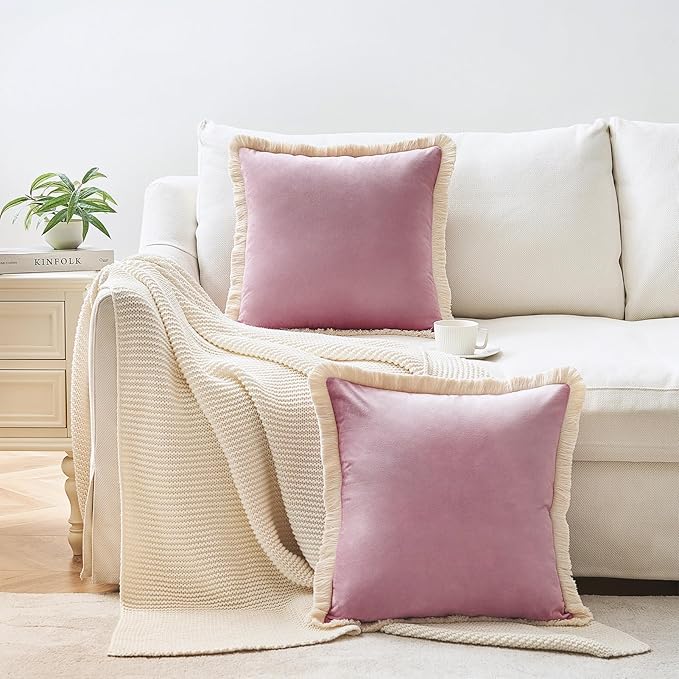 MONDAY MOOSE Decorative Throw Pillow Covers Cushion Cases, Set of 2 Soft Velvet Modern Fringe Tassel Designs, Mix and Match for Home Decor, Pillow Inserts Not Included (Dusty Pink, 18x18 inch)
