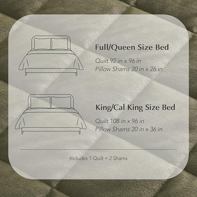 EVERGRACE Pearl Velvet Quilt King Size Bedding Sets, Luxurious Soft Velvet Comforter Set, Lightweight Box Stitching Oversized Bedspread Coverlet for All Season, with 2 Shams, Moss Green