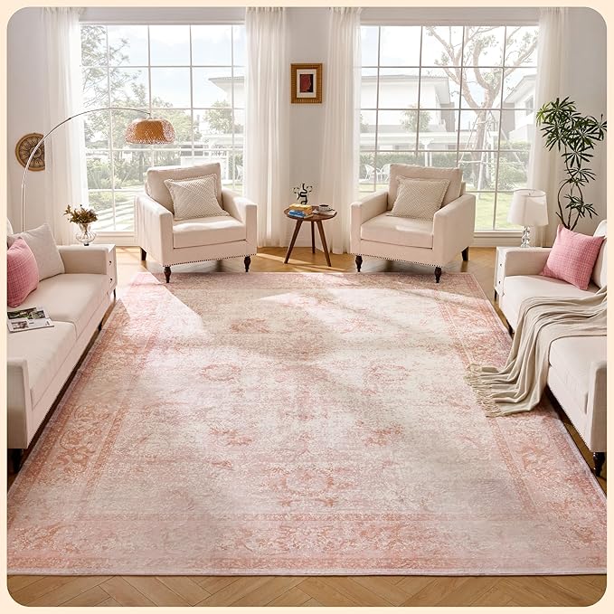 Istana Living Room Rug 10x14 - Pink 10 x 14 Area Rug - Foldable Machine Washable Area Rugs 10x14 - Stylish 10x14 Area Rugs Boho - Stain Resistant Washable Rug 10x14