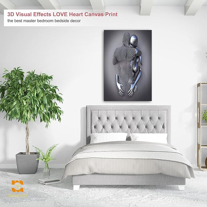 3D Metal Effect Wall Art - 3D Metal Art Wall, Silver Modern Abstract Hug Lovers Painting Picture Poster Prints for Bathroom, Romantic Couple Living Room Canvas Wall Art Framed 32”x48”x1Pcs