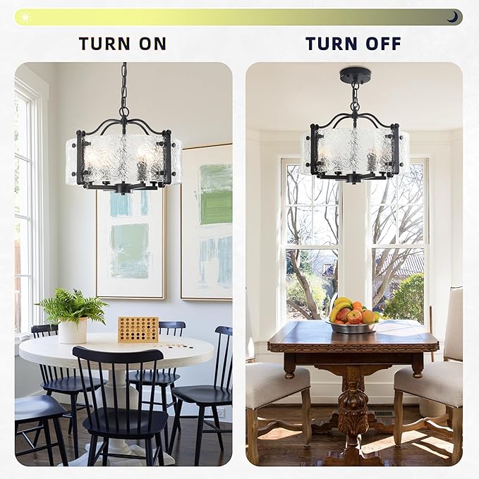 16.1" Black Glass Drum Chandelier - 4-Light Farmhouse Pendant Light Modern Round Ceiling Light Fixture with Adjustable Hanging Chain for Dining Room, Kitchen, Living Room, Foyer, Entryway