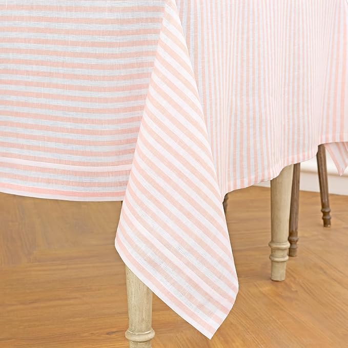 Solino Home Linen Striped Tablecloth 60 x 144 Inch - 100% Pure Linen Coral and White Table Cloth for Rectangle Tables - Amalfi Stripe, Machine Washable Tablecloth