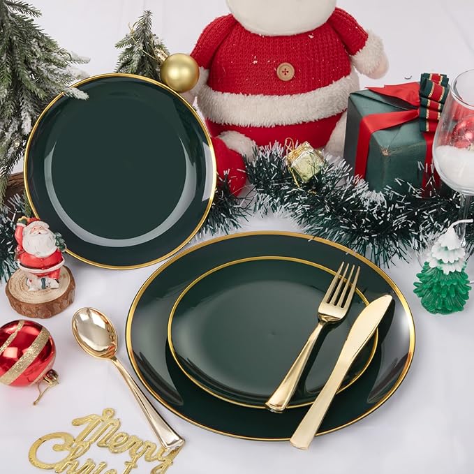 LIYH 180 Pcs Green and Gold Plastic Christmas Plates - Disposable Christmas Dinnerware sets, Green Dinner Dessert Plates, Gold Plastic Silverware Cups for Holiday, Party