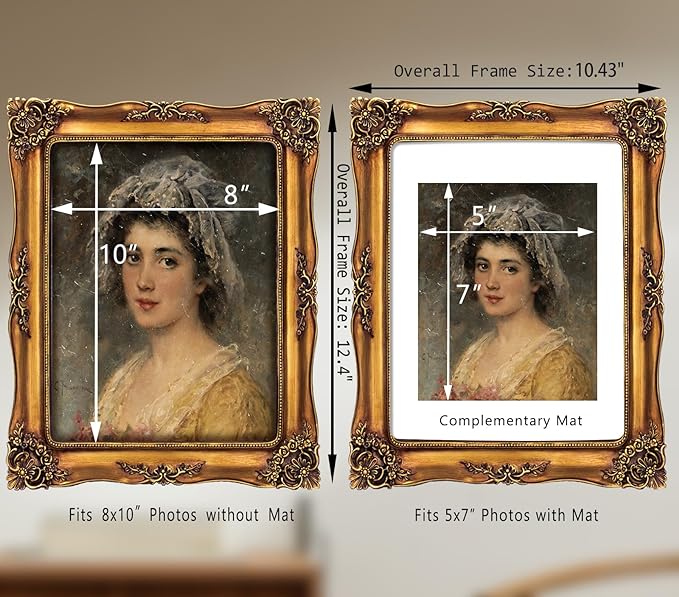Vintage 8x10 Picture Frame Gold Antique Picture Frames for Wall Hanging & Tabletop, Ornate Baroque Frames 8x10 or Matted to 5x7 Photo (8x10 inch, Bronze)