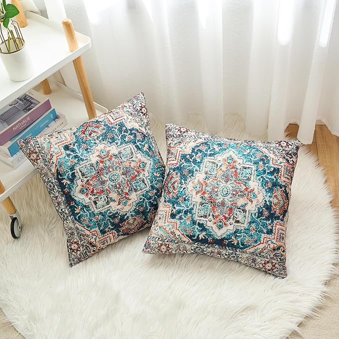 Boho Throw Pillow Covers 16x16 inch Set of 2,Boho Vintage Carpet Pattern Antique Ethnic Decor Double Sided Pattern Cushion Cover Soft Pillow Case Living Sofa Room Bed Square Pillow Cover