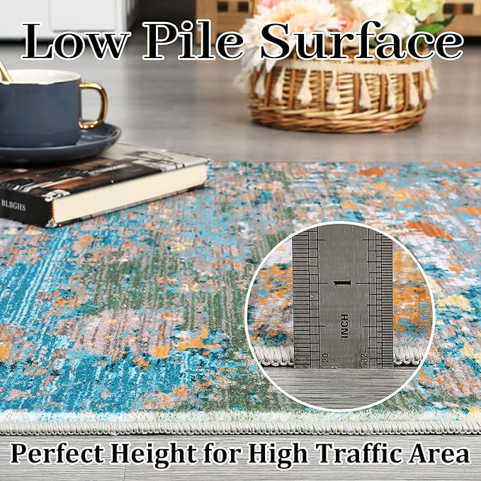 Area Rug 4x6 Stain Resistant Carpet Modern Abstract Rugs Ultra Soft Indoor Floor Cover Accent Rug Low Pile Thin Rug for Living Room Bedroom Dining Room, Multi Color