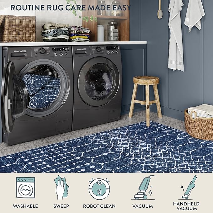Lahome Moroccan Blue Rugs for Living Room - Washable Rugs 8x10 Non-Slip Ultra-Thin Extra Large Area Rug Throw Stain Resistant Rug for Dining Room Table, Geometric Print Modren Rug for Bedroom Office