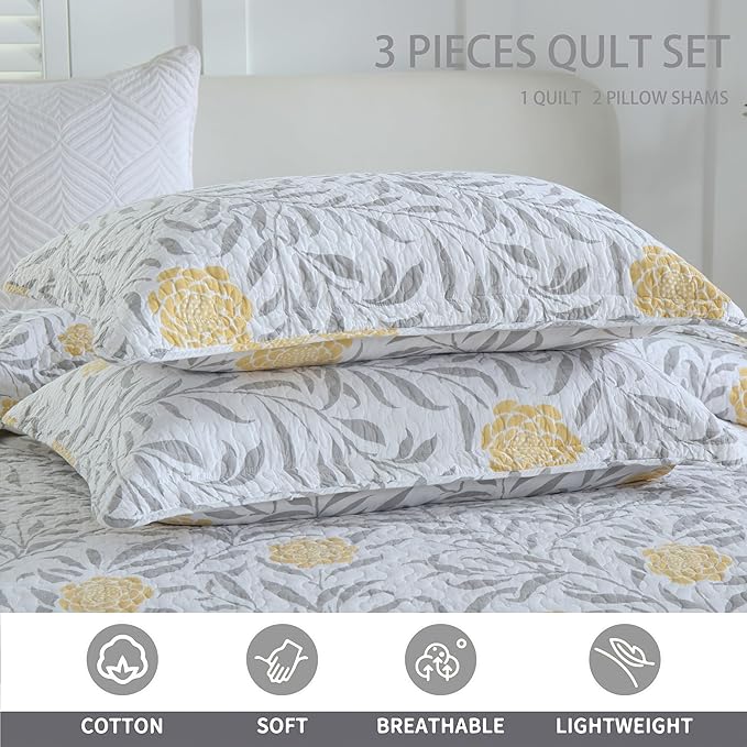 Homzard Floral Queen Comforter Set - 100% Cotton Quilts Queen Size,Yellow Gray White Bedspreads (90 * 98 Inch) with 2 Pillow Shams, Farmhouse Lightweight Bedding 3 Pieces