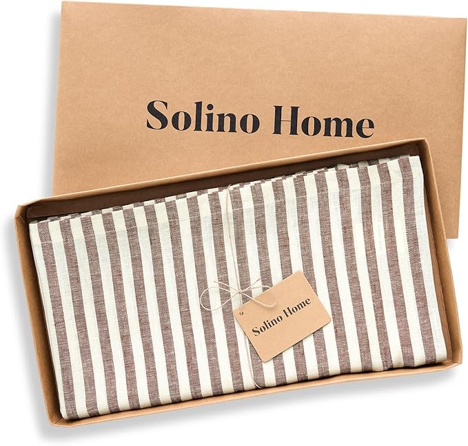 Solino Home Linen Striped Tablecloth 52 x 52 Inch - 100% Pure Linen Brown and Cream Square Table Throw - Amalfi Stripe, Machine Washable Tablecloth for Fall, Autumn, Thanksgiving