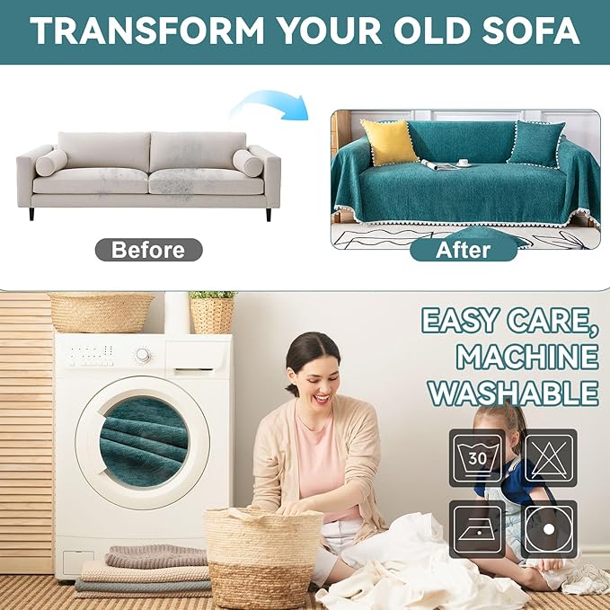VClife Farmhouse Couch Cover for Sofa Soft Chenille Turquoise Sofa Cover Furniture Protector - Washable Home Sofa Slipcover for 3 Cushion Couch Sofa (71"X150") Gift for Christmas Thanksgiving Wedding
