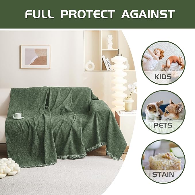 MEETSKY Oversized Sectional Couch Cover, Sofa Cover for 3 Cushion Washable Sofa Covers for Living Room Couch Slipcovers for Dogs Couch Protector, 91" x 150", Moss Green