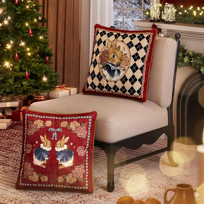 Grandmillennial Checkered Pillow Cover, Velvet Euro Sham Covers Decorative Throw Pillow Covers 18x18 for Couch Sofa Bed Living Room, Christmas & Holiday