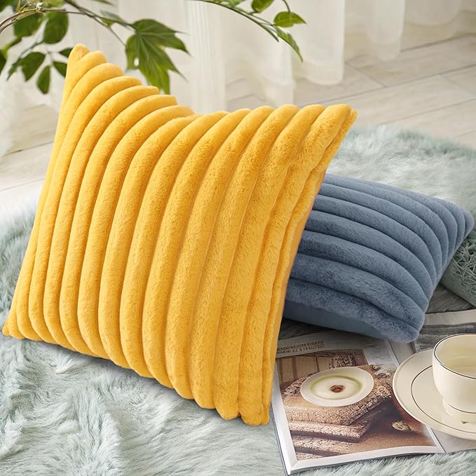 decorUhome Faux Fur Christmas Throw Pillow Covers 26x26 Set of 2, Decorative Soft Plush Striped Neutral Couch Euro Pillow Covers with Velvet Back for Sofa, Bed, Living Room Home Decor, Mustard Yellow