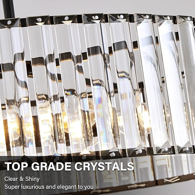 Black Crystal Ceiling Light Fixture, Modern Semi Flush Chandelier, Round Hanging Lighting Chandeliers for Dining Room, Kitchen, Bedroom, 3-Light, 15.74 Inch