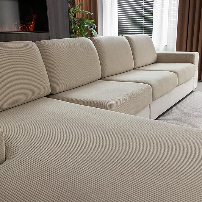 Sectional Couch Covers, Wear Resistant Stretch Sofa Covers Washable Soft Couch Cushion Covers Anti Slip Furniture Protector Sofa Slipcovers for Pets (1 Piece Large Cover, Light Brown)